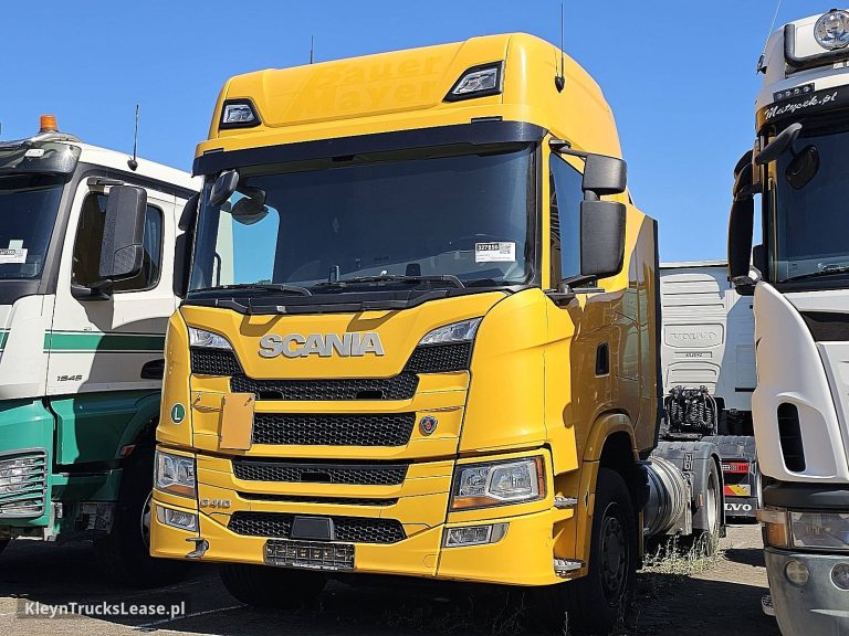 Scania G410 z 2021 roku, ciągnik siodłowy z zagranicy — przód pojazdu