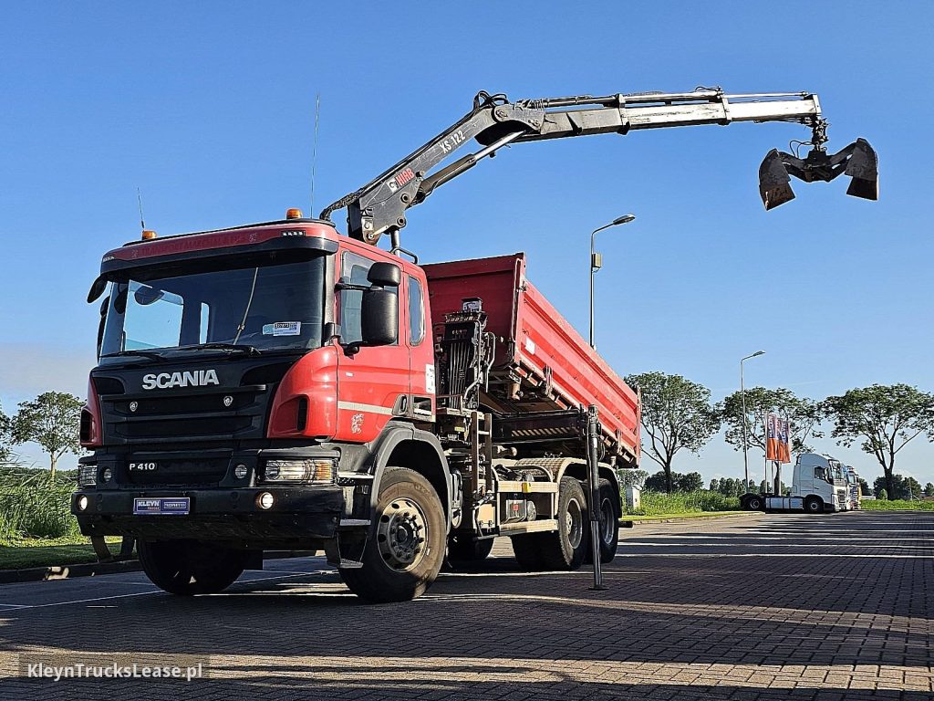Scania P410 HIAB XS122 z 2016 roku, wywrotka z zagranicy — przód pojazdu