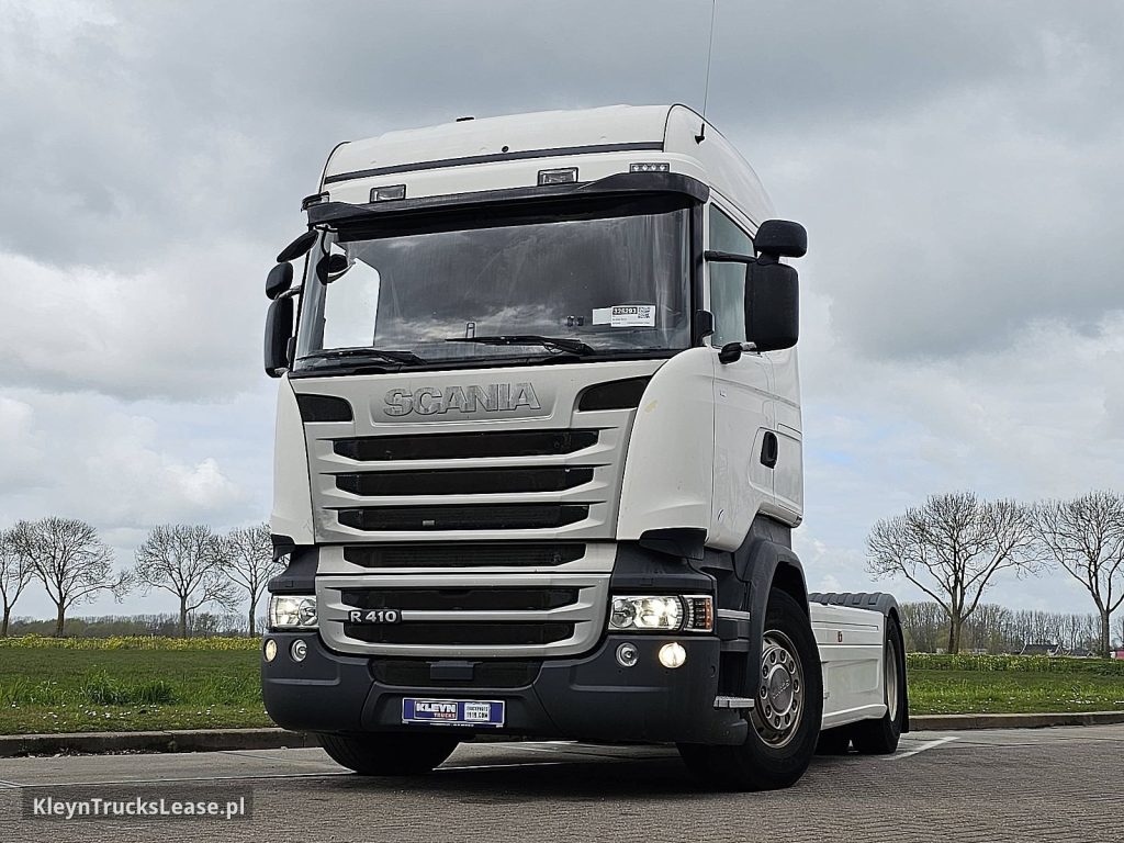 Scania R410 z 2016 roku, ciągnik siodłowy z zagranicy — przód pojazdu