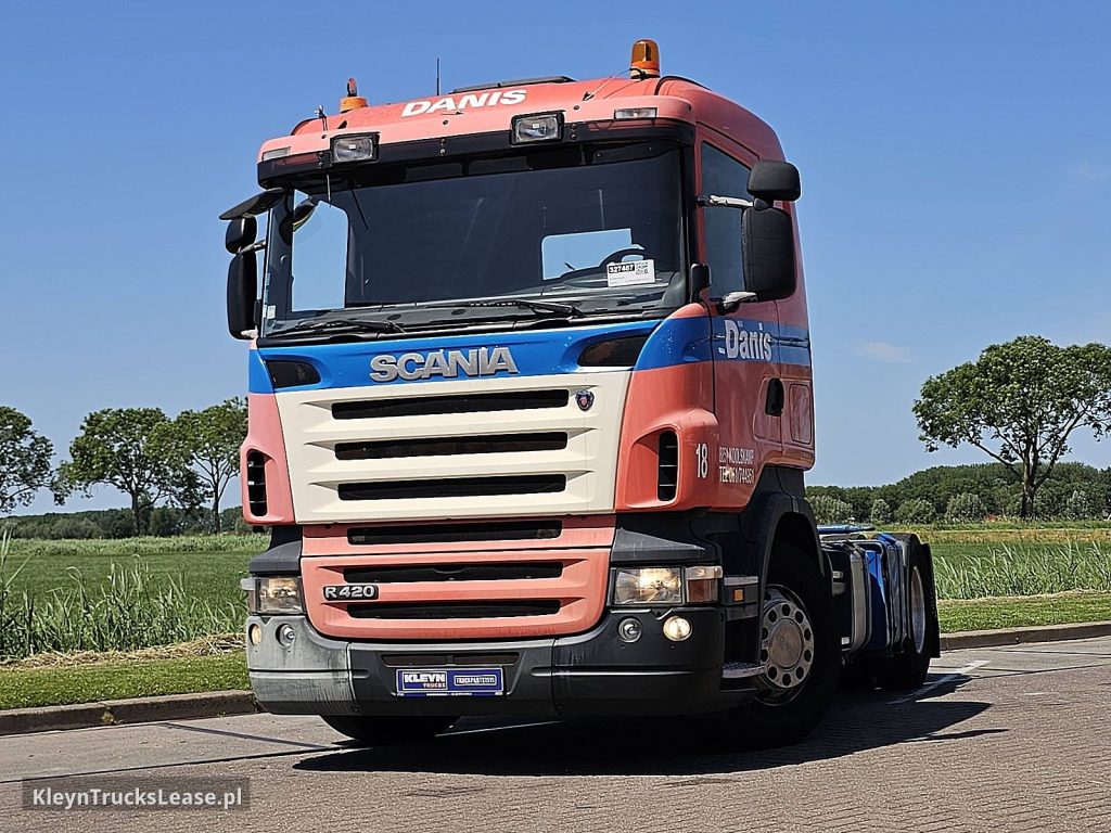 Scania R420 MANUAL ALCOA PTO z 2008 roku, ciągnik siodłowy z zagranicy — przód pojazdu
