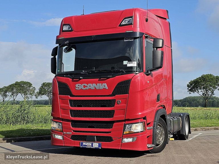 Scania R450 z 2022 roku, ciągnik siodłowy z zagranicy — przód pojazdu